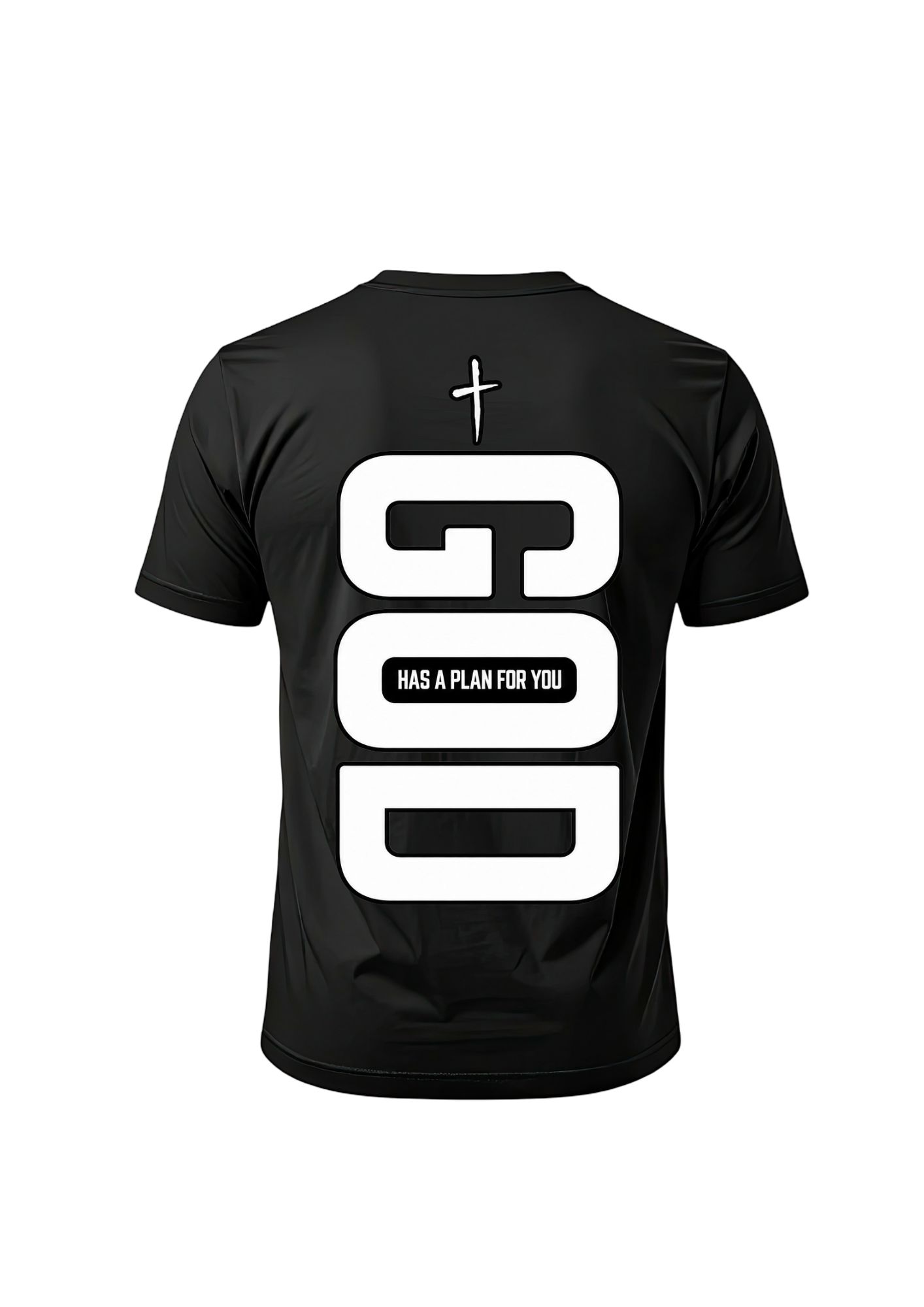 Black printed t-shirt for men with oversized GOD back screen print and cross