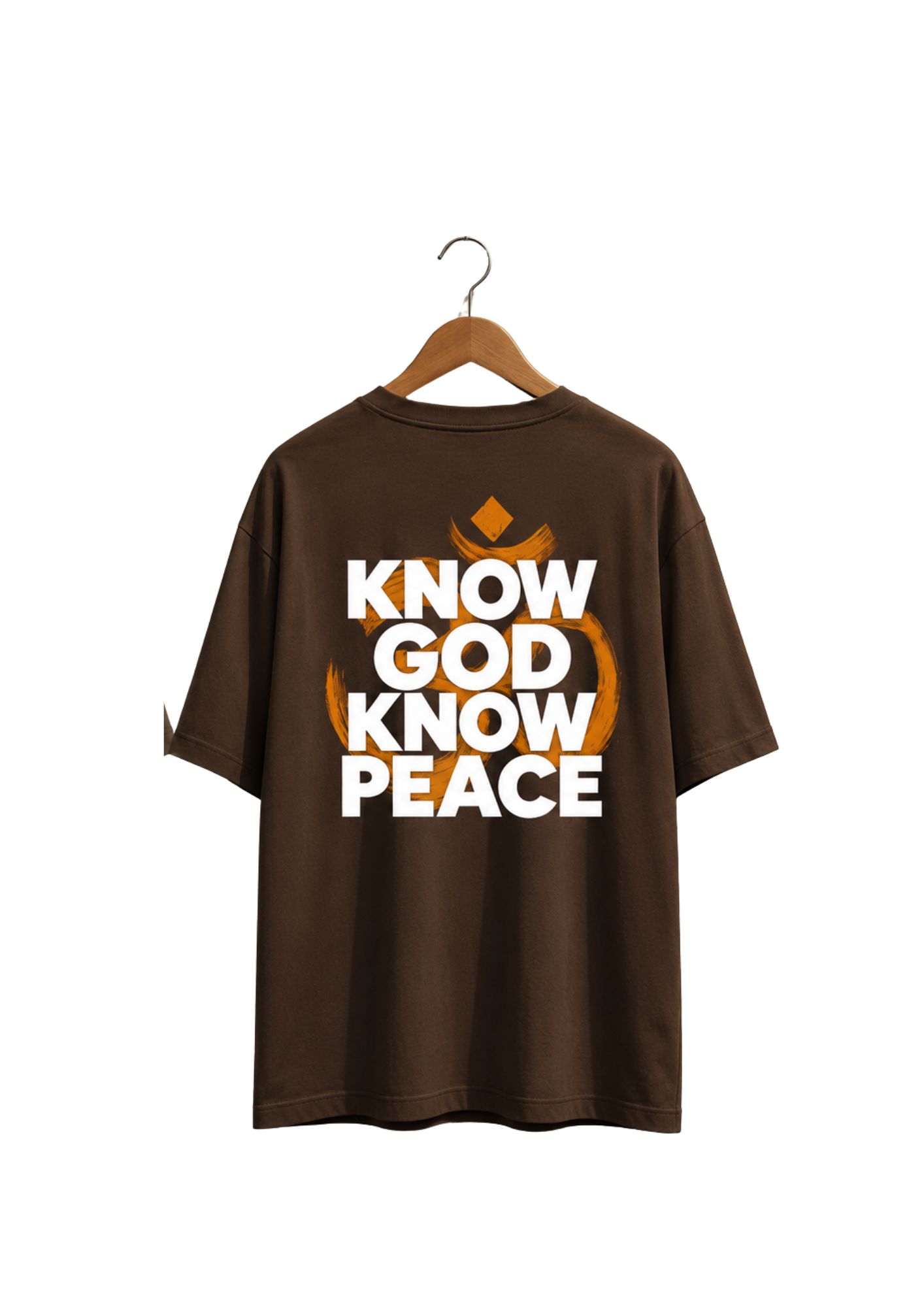 Om back print on the Know God Know Peace t-shirt — why the symbol sits behind the wearer