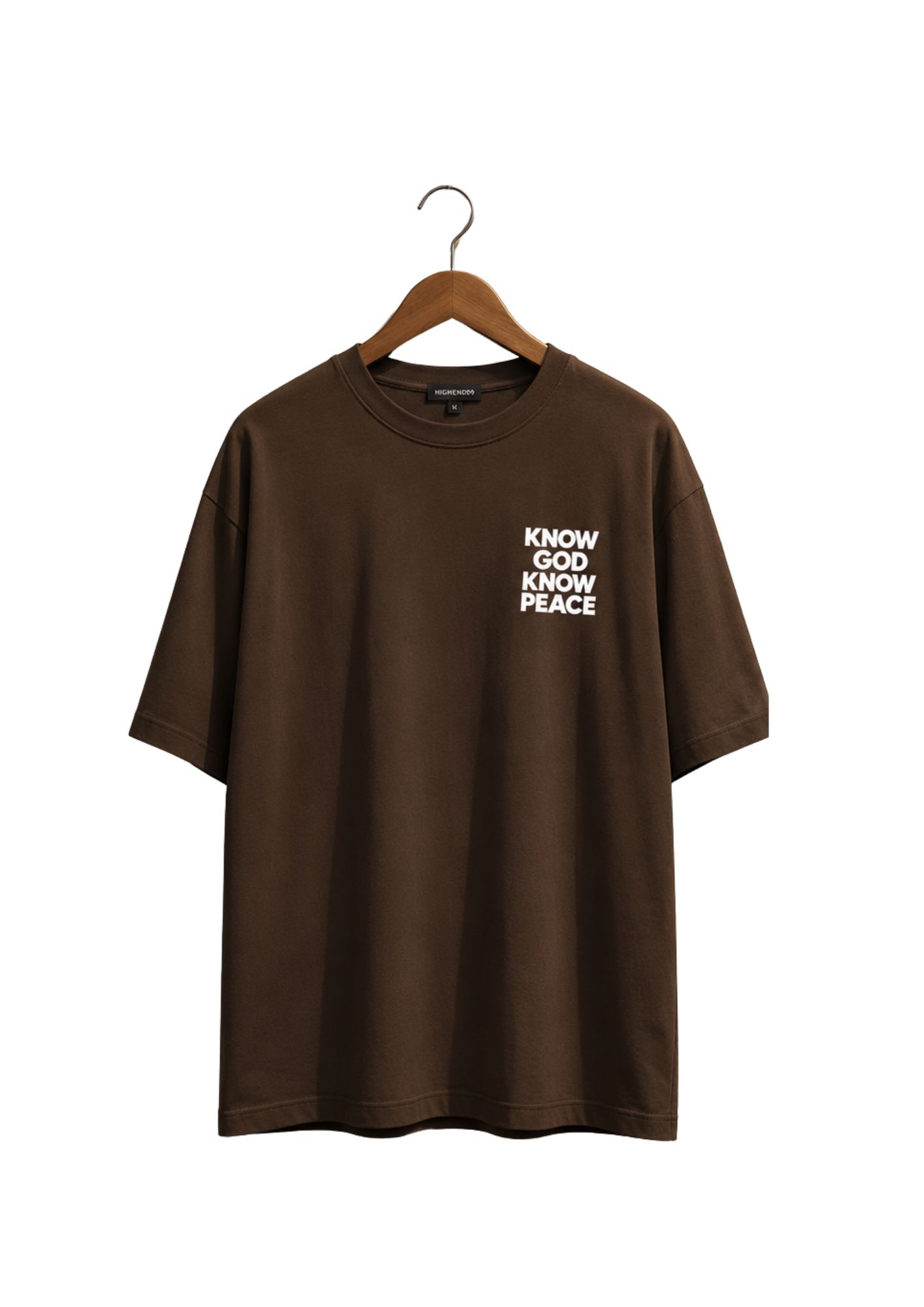 Clean product shot of the chocolate Know God Know Peace t-shirt for men