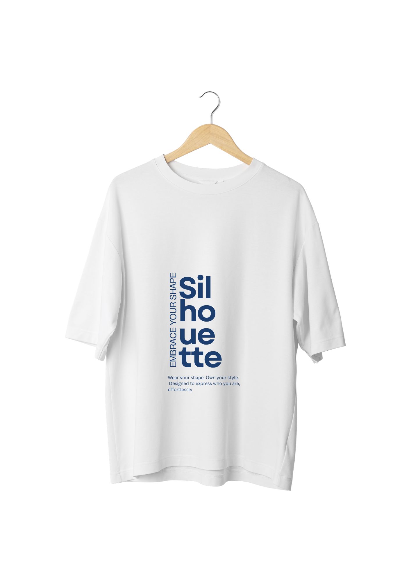 White oversized Silhouette tee — a centred print that stays readable on a narrower chest