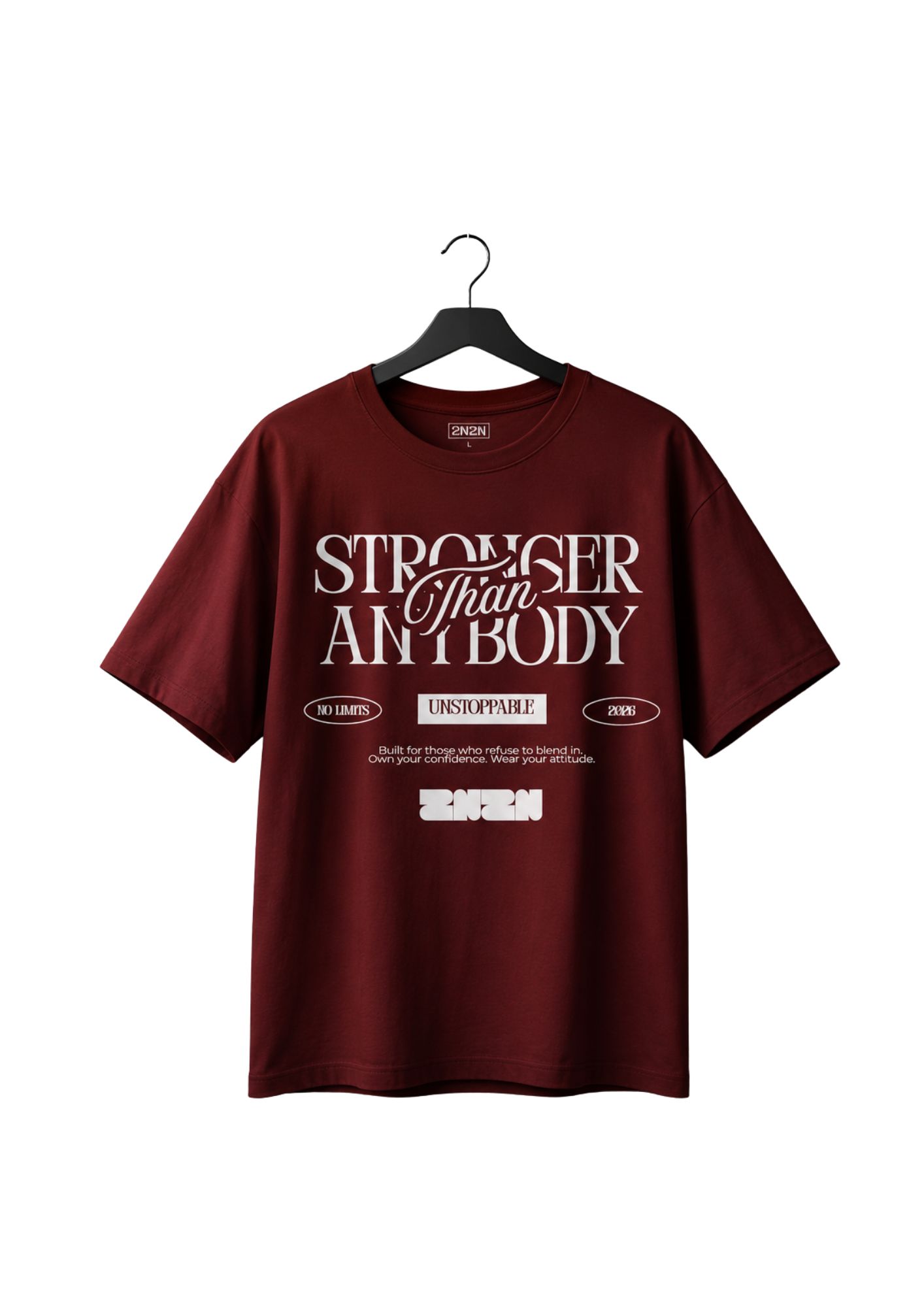 Maroon heavyweight printed t-shirt for men, Stronger Than Anybody chest graphic before wear