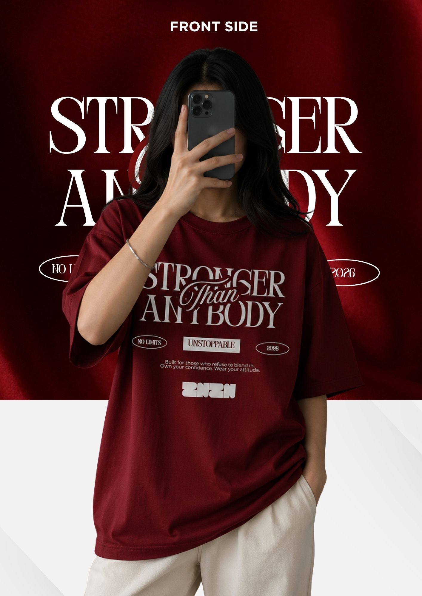 Stronger Than Anybody maroon tee on model