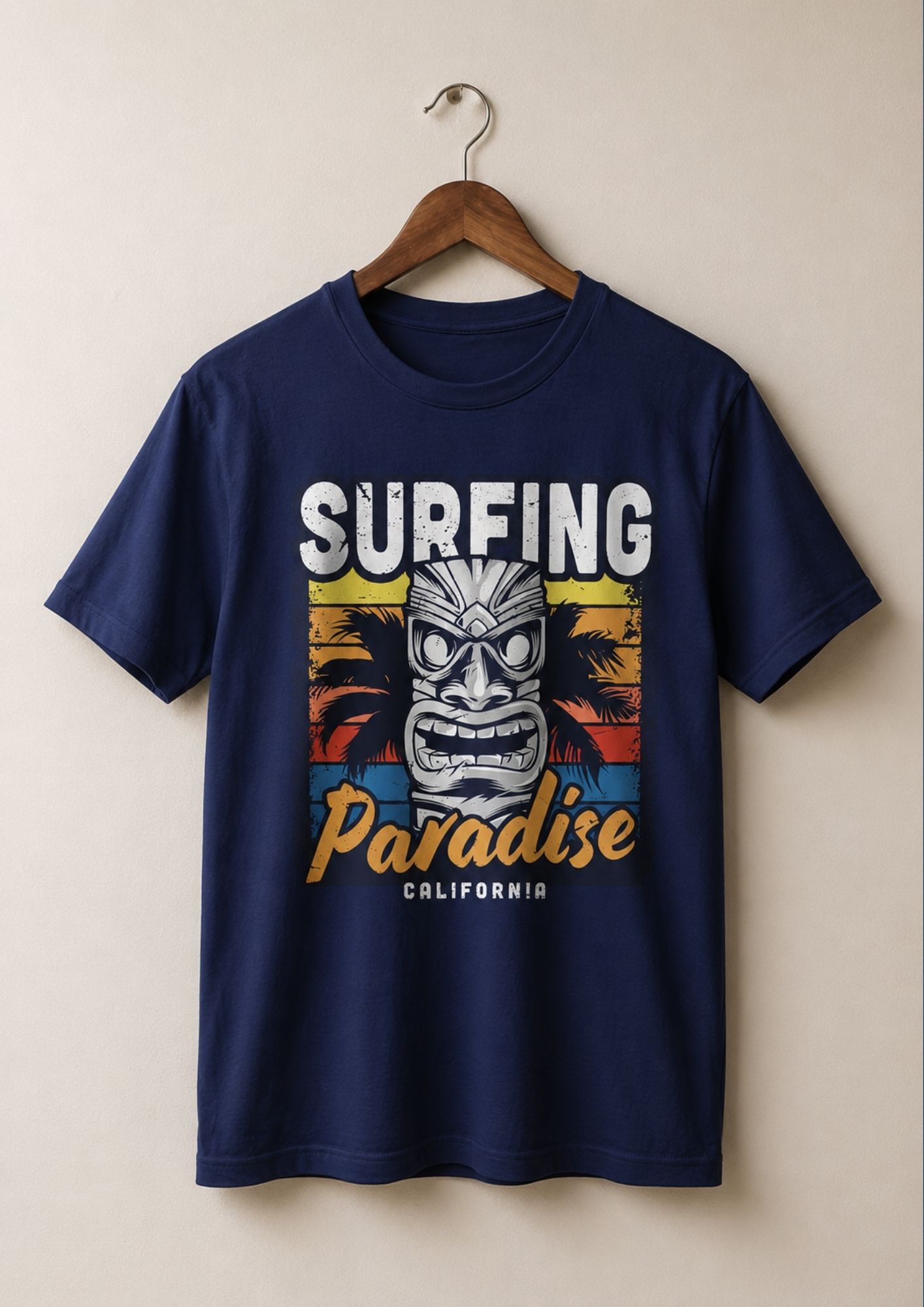 Surfing Paradise California navy tee on hanger