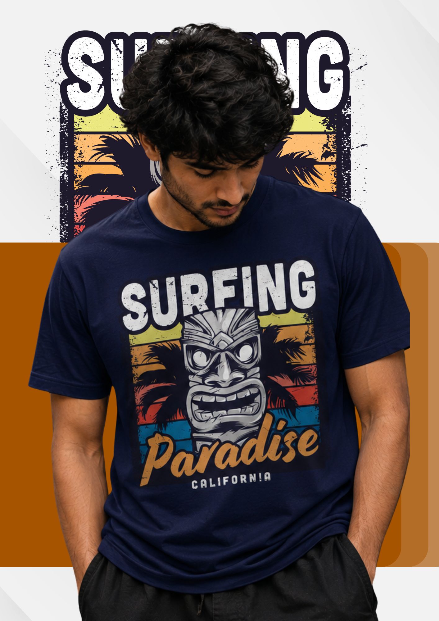 Surfing Paradise California navy tee on model